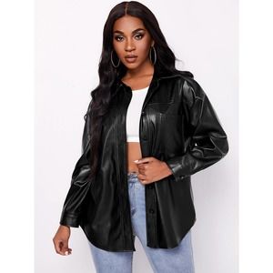 Drop Shoulder Curved Hem vegan Leather shacket jacket